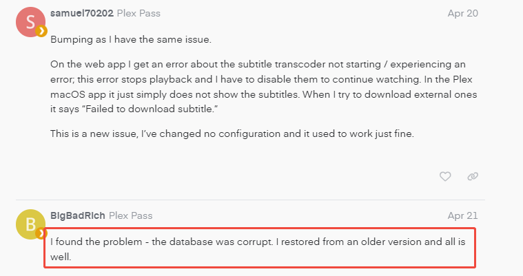restore plex library database