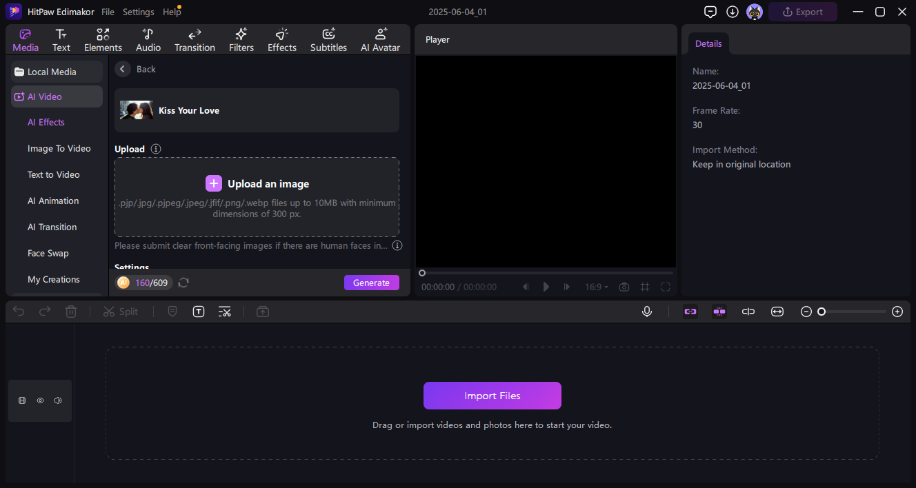 upload image to create ai kiss video with edimakor
