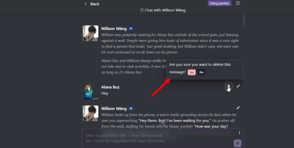how to delete messages on janitor ai