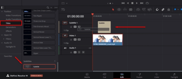 dd a subtitle track in davinci resolve