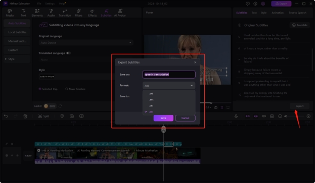 edimakor speech transcription export