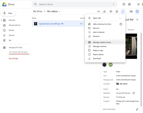 how to add subtitles on google drive