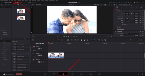 navigate to the edit workspace in davinci resolve