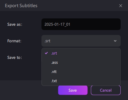 use the export option to save as srt