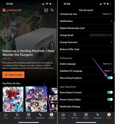 crunchyroll show subtitle mobile