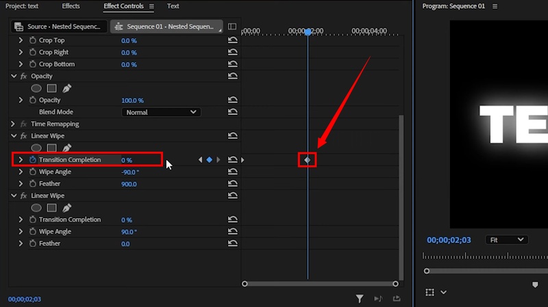 add transition completion keyframe in Premiere