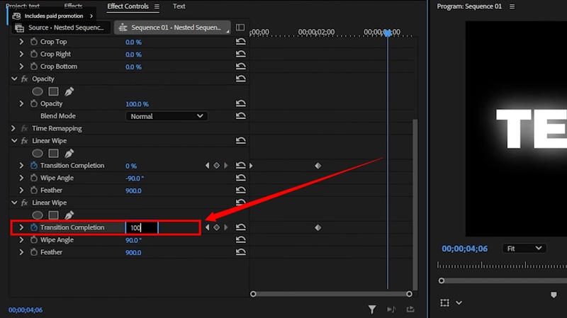adjust transition completion value in Premiere