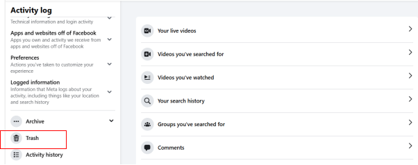 click on the facebook trash menu