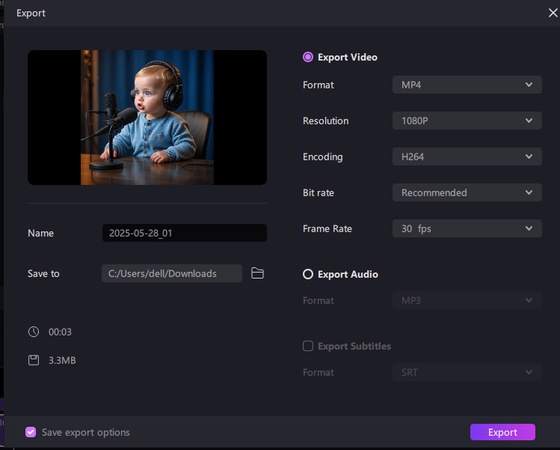 create viral ai baby podcast video-export the video