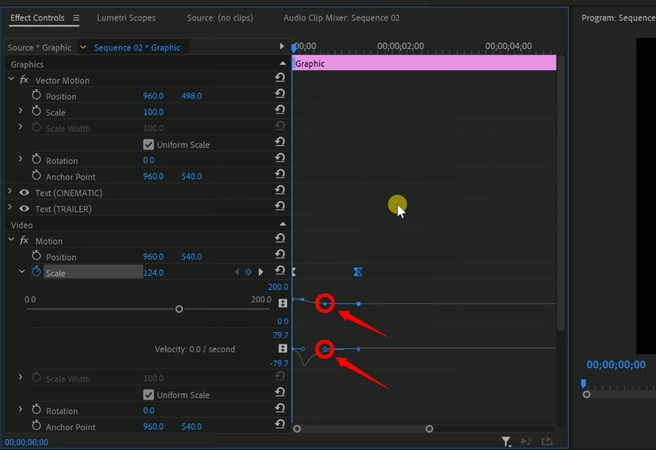 キーフレームの右側のハンドルをドラッグする