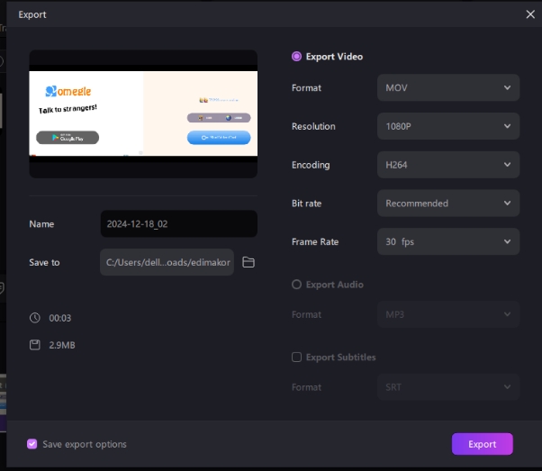 export omegle recording