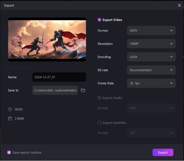 export the ai fight video