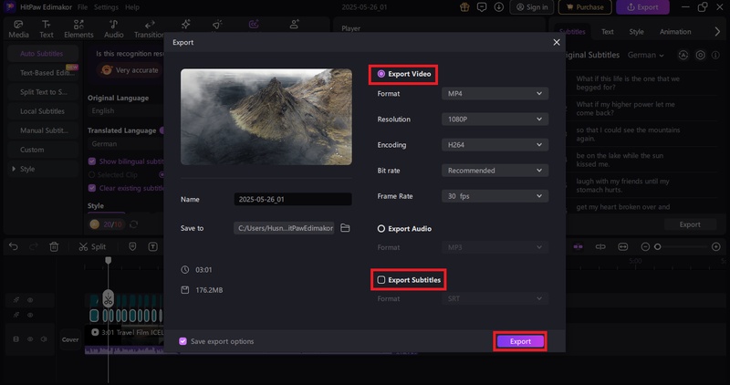 export the dubbed video