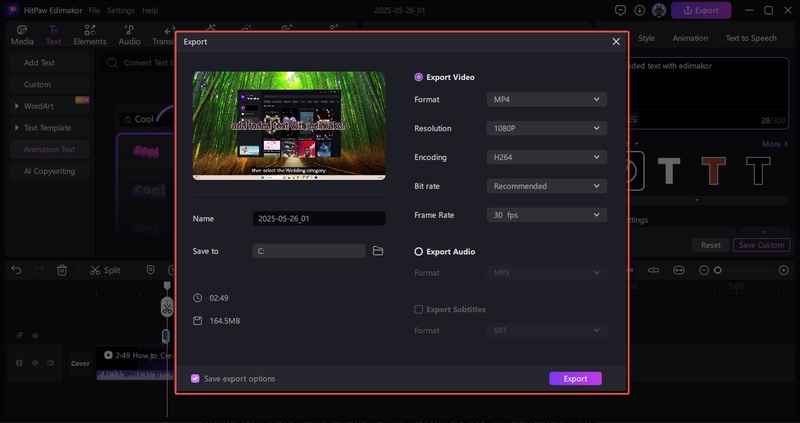export video with faded text effect