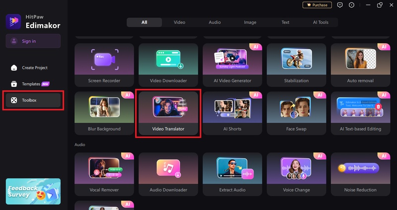 open the video translator feature