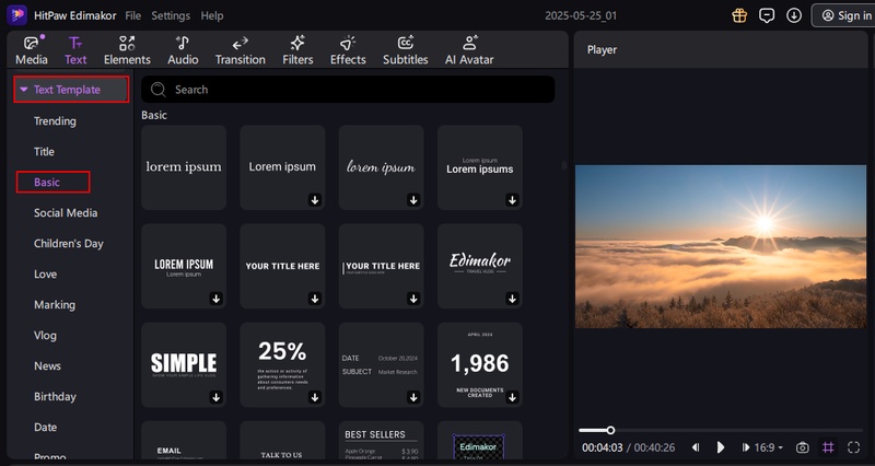 select basic text templates in Edimakor