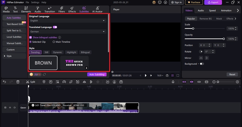 select the languages and caption style