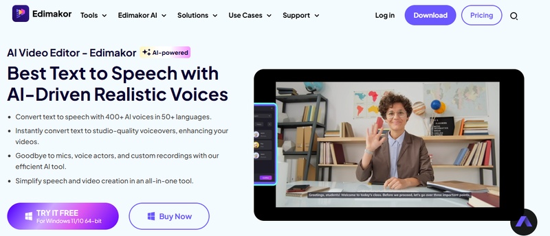 website interface of edimakor text to speech