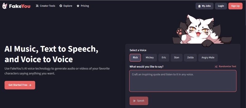 website interface of fakeyou