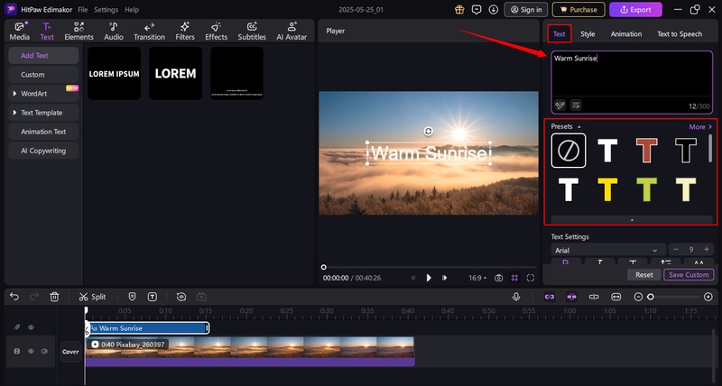 write text and choose a preset