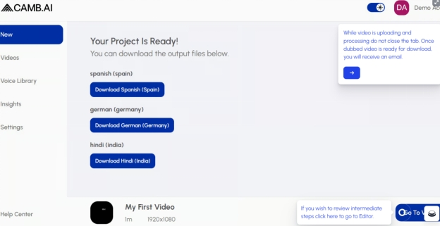 camb ai download dubbing video