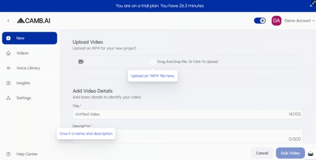 camb ai upload video