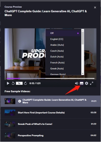 啟用 udemy 課程內建翻譯器