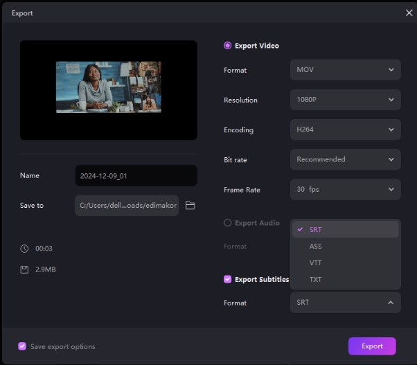 preview and export speech to text transcription