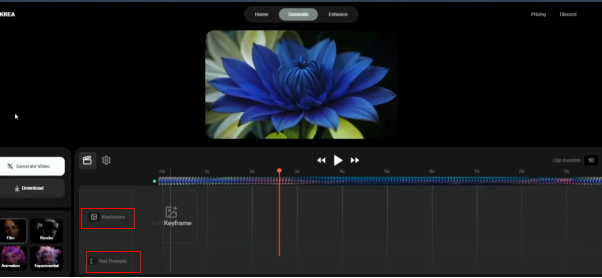 select key frames or text prompts in krea ai