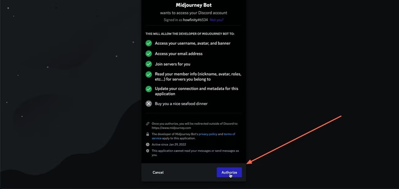 Sign in and authorise Midjourney