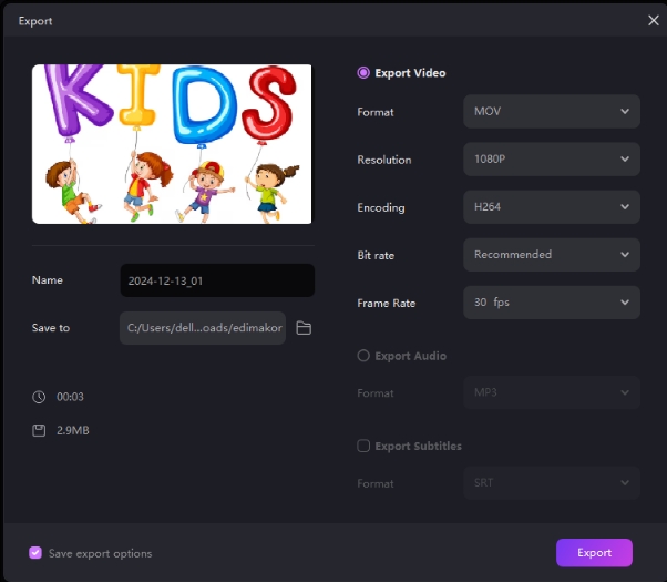 video editing for kids export video