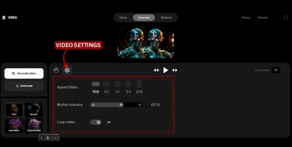 video settings in krea ai