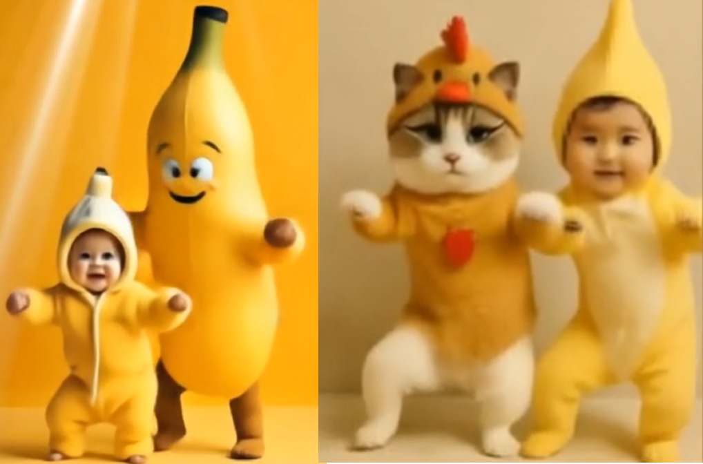 ai chicken banana with baby and cat 