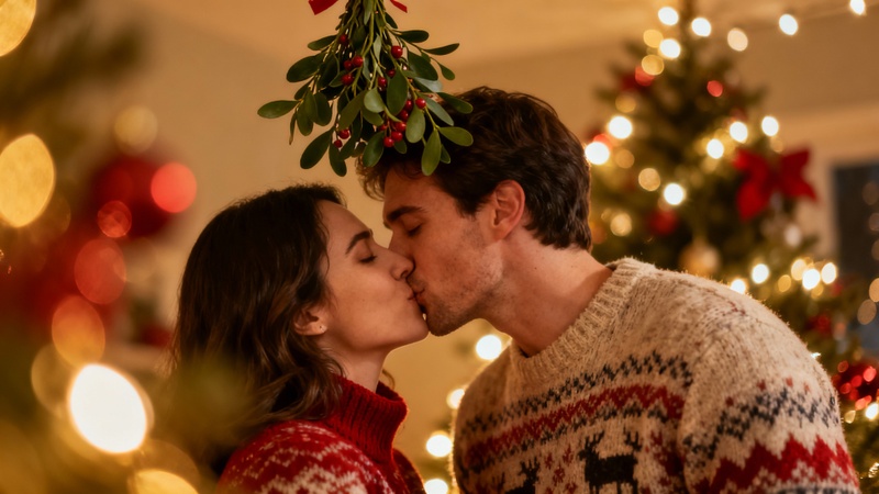 kissing or hugging christmas couple