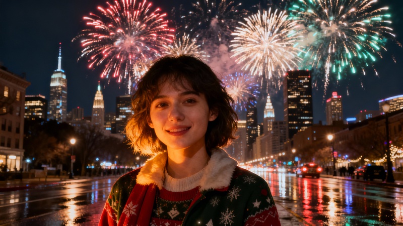 ai new year photo prompts fireworks skyline portrait