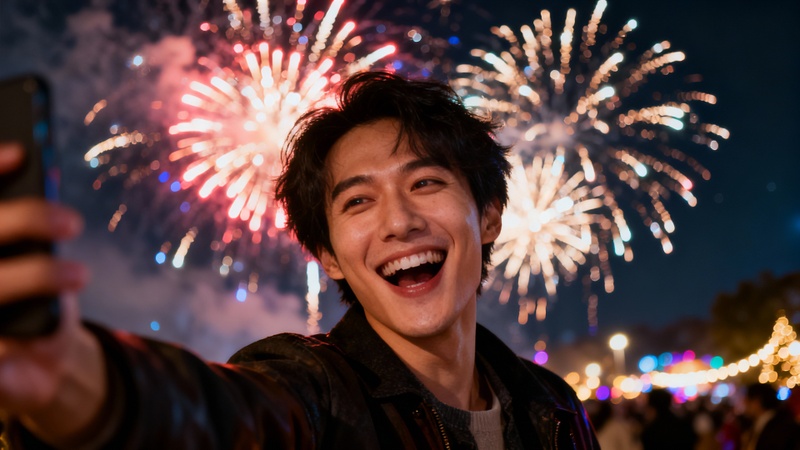 ai new year photo prompts new year fireworks selfie