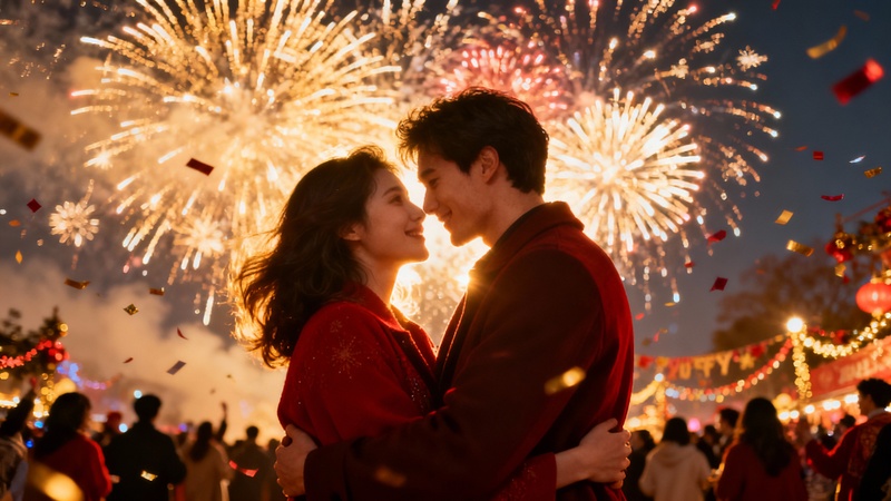 ai new year photo prompts romantic couple under fireworks