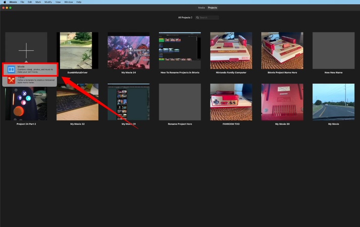 choose movie under the + button