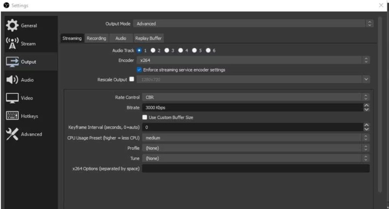 default settings in obs