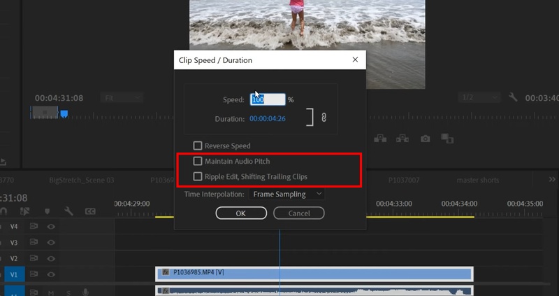 enable maintain audio pitch and ripple edit shifting trailing clips