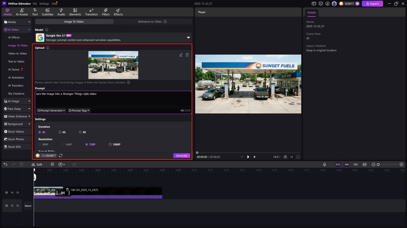enter prompt and video settings