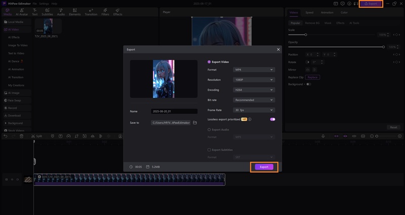 Export the AI YouTube shorts video