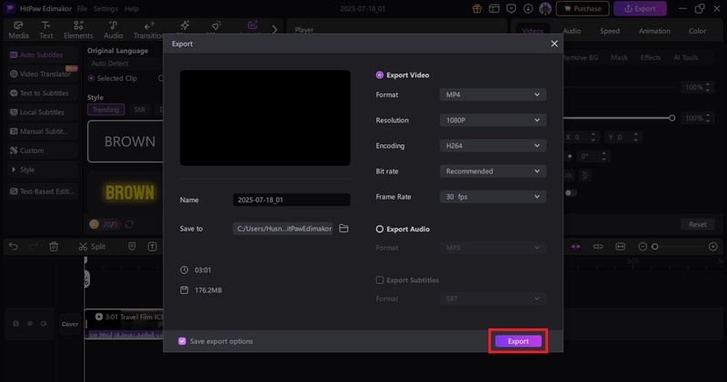 export the video with subtitles