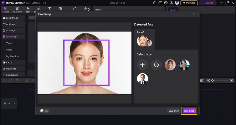 select face and click face swap