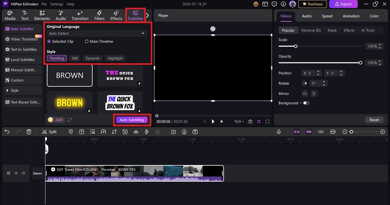 select the desired style and click auto-subtitling