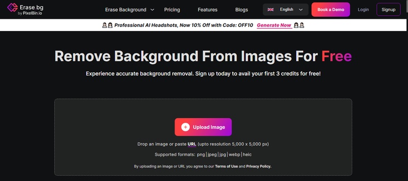 user interface of erase.bg tool