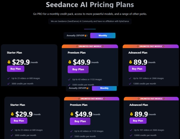 seedance formules tarifaires