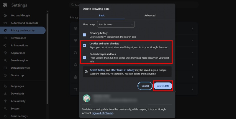 delete chrome cache and cookies