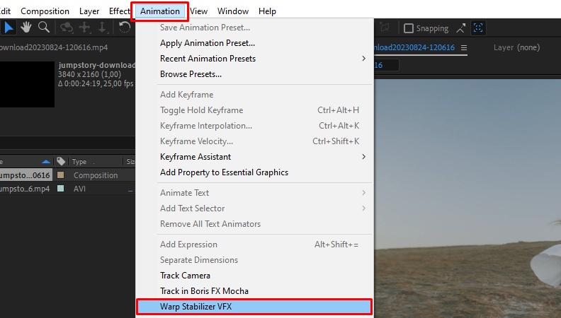 select warp stabilizer vfx