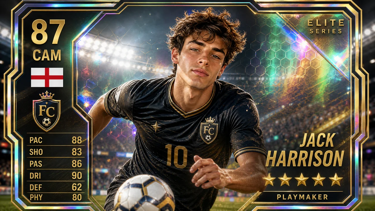Original person transformed into football trading card, player dribbles ball intently in pro jersey. Card has holographic team-color frame, stats panel, laser-reflective background, premium glossy finish. Stadium spotlights, photorealistic 8K collectible card style.